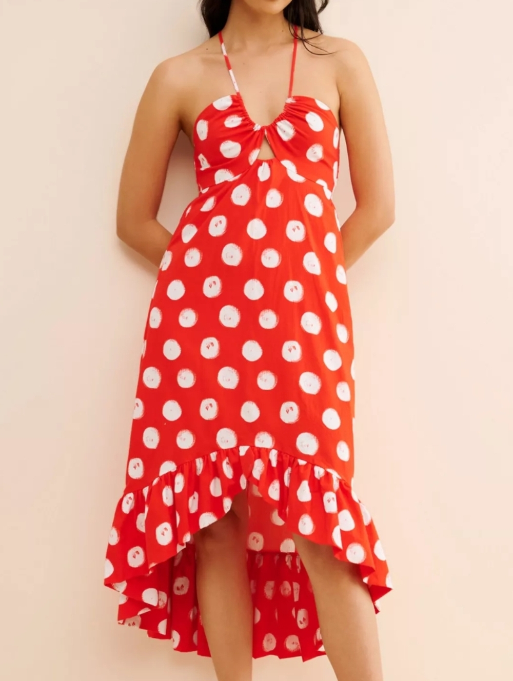 Plenty by Tracy Reese Halter High-Low Ruffle Dress Red & White Polka Dot, Size L